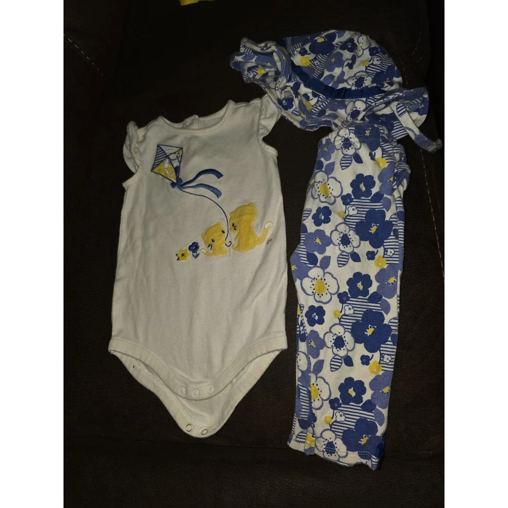 Gymboree layette line baby girl cat kite floral onsie leggings hat 12 18 months‎
